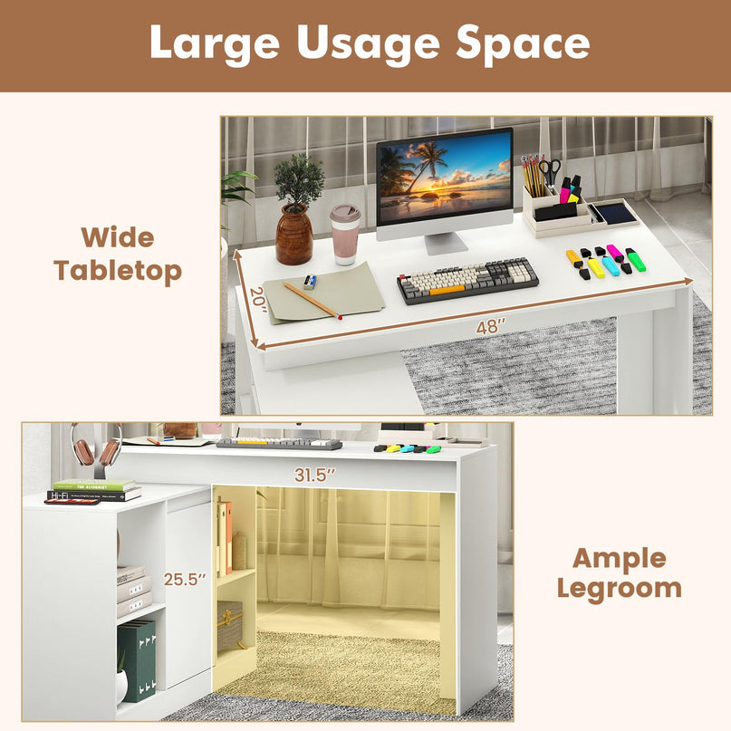 Giantex 48" Reversible L-Shaped Modern Corner Computer Desk with 2 Doors & 4 Open Storage Cubes