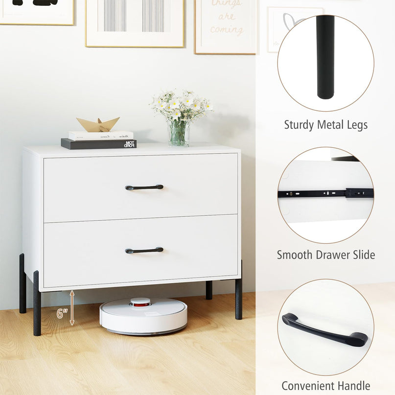 Table de chevet moderne Giantex à 2 tiroirs avec pieds et poignées en métal, kits anti-basculement