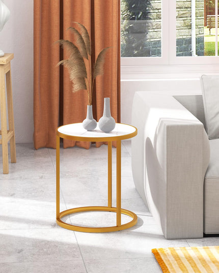 Giantex Faux Marble Side Table, Round End Table with Golden Metal Frame and White Marble Top