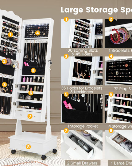 CHARMAID 6 LEDs Rolling Jewelry Cabinet with High Full Length Mirror, Lockable Standing Jewelry Armoire with Wheels