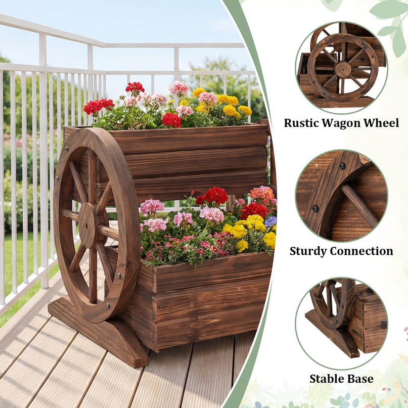 Giantex Wooden Wagon Planter Box for Flowers Herbs Vegetables