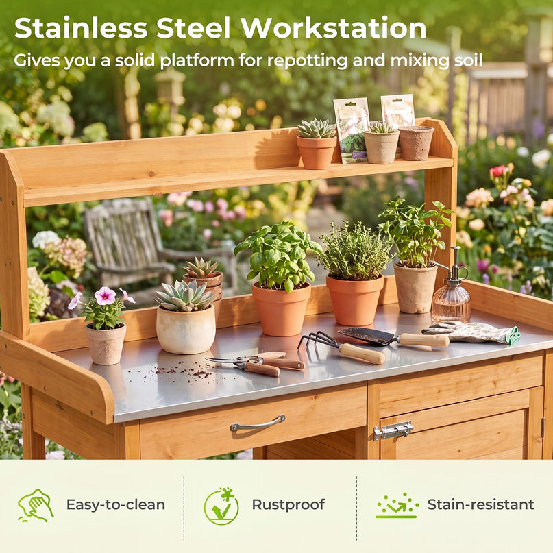 Giantex Potting Bench Table with Storage Cabinet & Drawer