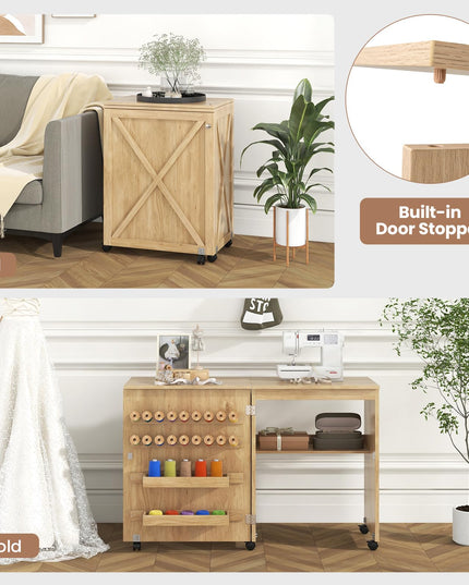 Giantex Folding Sewing Table - Farmhouse Sewing Machine Cabinet with Barn Door