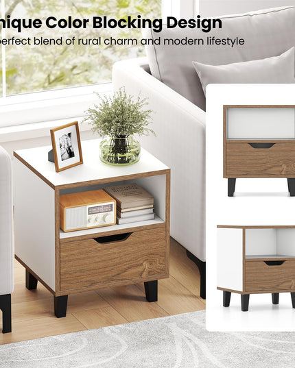 Giantex Mid Century Modern Nightstand Wooden Bedside Table with Drawer & Open Shelf