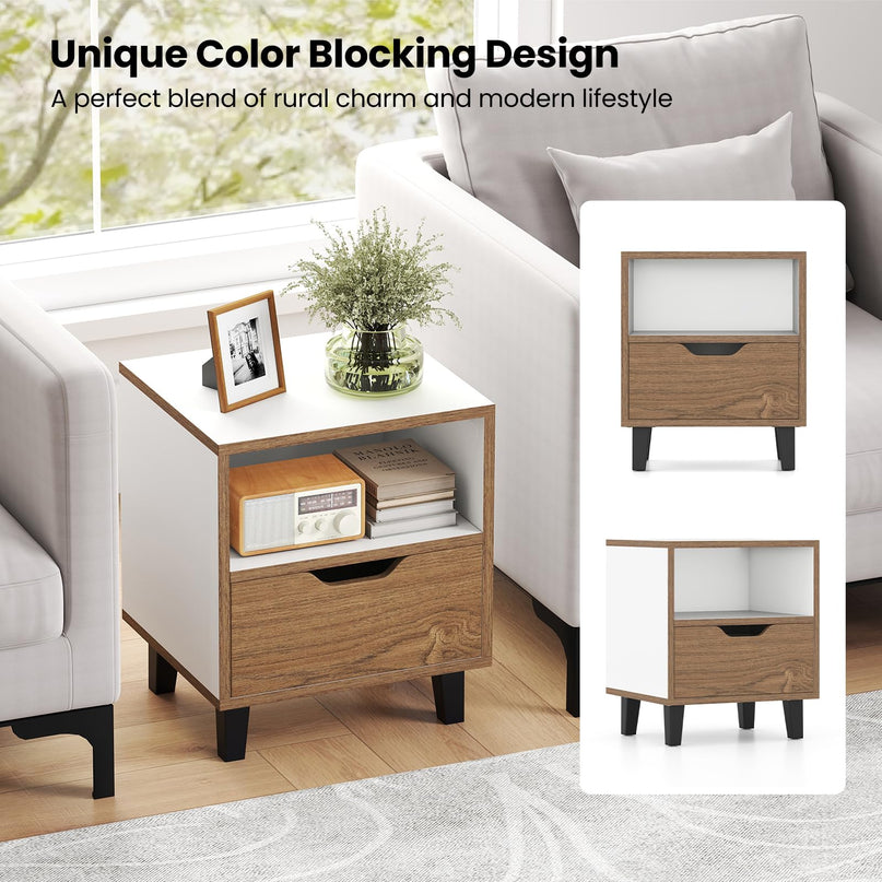 Giantex Mid Century Modern Nightstand Wooden Bedside Table with Drawer & Open Shelf