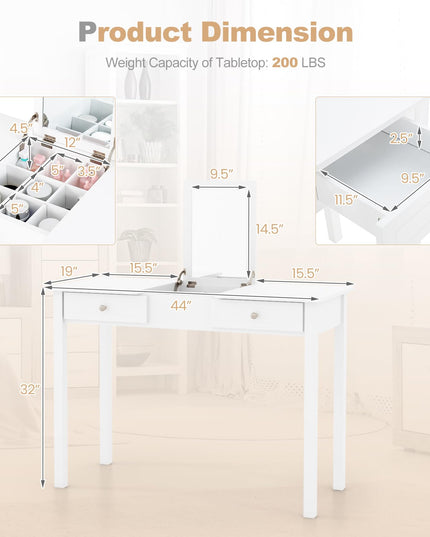 CHARMAID Makeup Vanity Desk - 44 inch White Vanity Desk with Flip Top Mirror