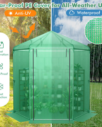 Giantex 7 x 6 x 7.5 FT Greenhouse, Large Hexagonal Walk in Greenhouse Outdoor with Heavy-Duty Metal Frame