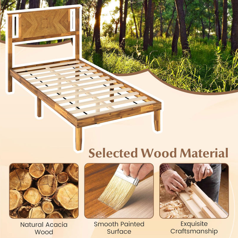Giantex Mid-Century Modern Acacia Wood Platform Bed with Headboard & Wooden Slats Support