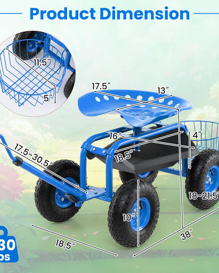 Giantex Garden Cart, 4-Wheel Gardening Workseat with Storage Basket