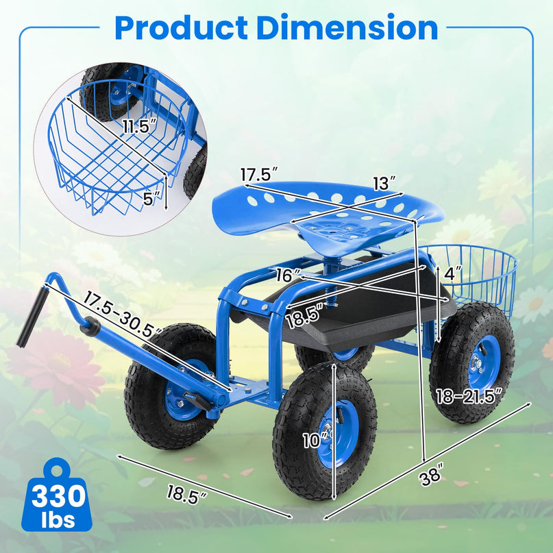 Giantex Garden Cart, 4-Wheel Gardening Workseat with Storage Basket