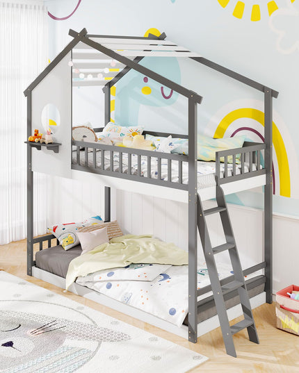 Giantex Solid Wood Floor Bunk Bed with Ladder and Full-Length Guardrails