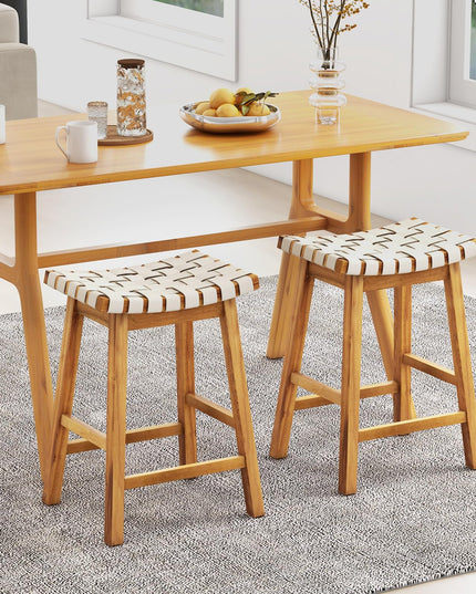 Giantex 25.5/31" Woven Bar Stools Set of 2/4, Faux PU Leather Counter Height Saddle Stools with Woven Curved Seat