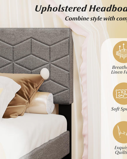 Lit plateforme moderne Giantex avec tête de lit géométrique en tissu de lin | Pas besoin de sommier tapissier