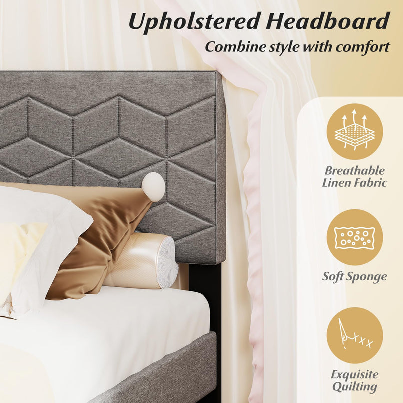 Giantex Modern Platform Bed with Linen Fabric Geometric Headboard | No Box Spring Needed
