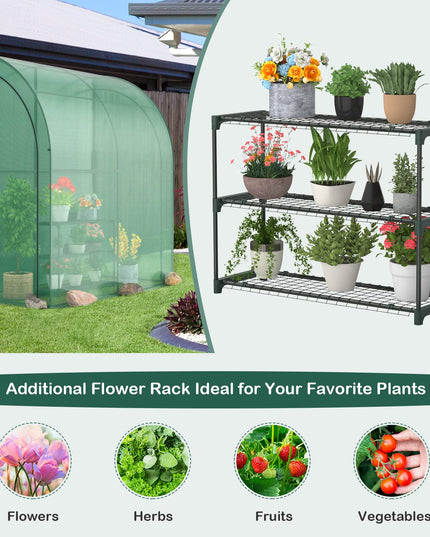Giantex Walk-in Lean-to Greenhouse - with 3-Tier Plant Stand, 7’x 3.5’x 7’ Green House, PE Grid Cover