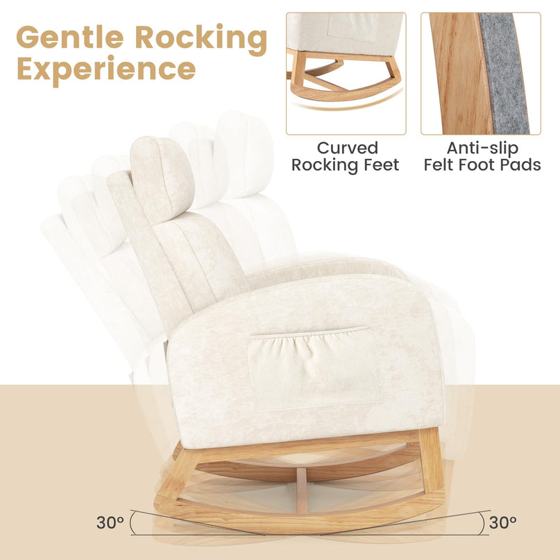 Giantex Rocking Chair Upholstered Chenille Rocker Chair Natural Rubber Wood Frame