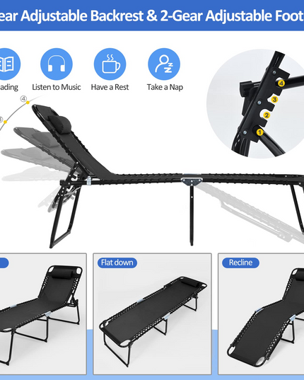 Folding Chaise Lounge Chair, Adjustable Beach Chair, Folding Patio Recliner