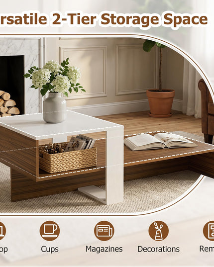Giantex 2-Tier Coffee Table | Modern Irregular Center Table with Open Storage Shelf