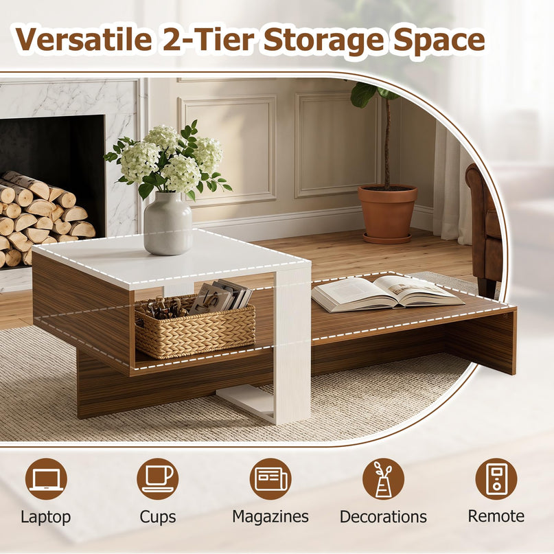 Giantex 2-Tier Coffee Table | Modern Irregular Center Table with Open Storage Shelf