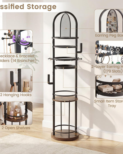 CHARMAID Meuble Organisateur de Bijoux sur Pied Rotatif à 360° avec Panneau Perforé