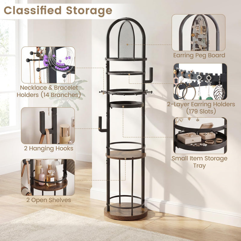 CHARMAID 360° Rotating Floor Standing Jewelry Organizer with Pegboard