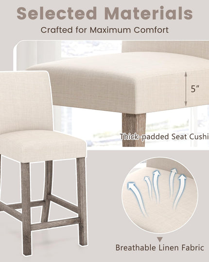 Giantex Bar Stools Counter Height, 24.5" Modern Fabric Bar Chairs with Back, Footrest & Solid Wood Legs
