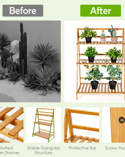 Giantex 3 Tier Folding Storage Shelf, Bamboo Ladder Plant Stand
