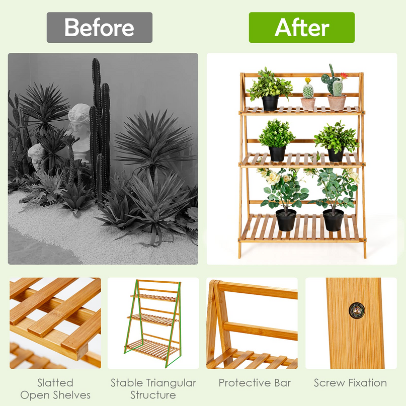 Giantex 3 Tier Folding Storage Shelf, Bamboo Ladder Plant Stand