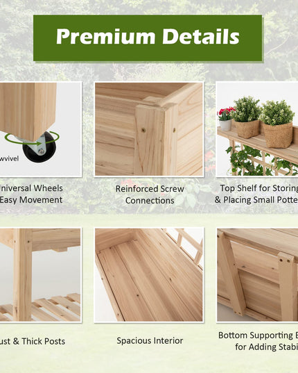 Giantex Raised Garden Bed on Wheels, Wood Planter with Trellis, Black Liner Storage Shelf