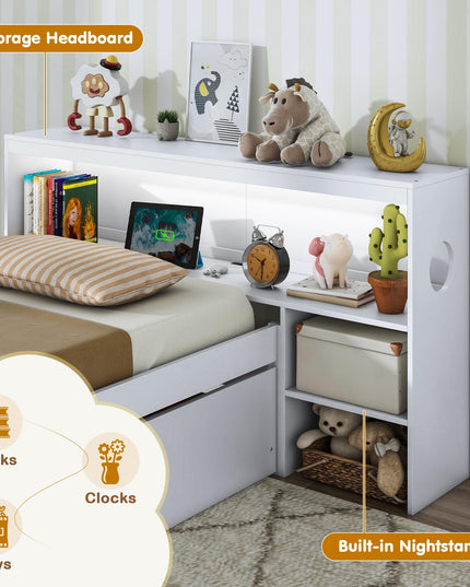 Giantex Wood Twin Bed Frame with Storage Drawer & Headboard, Modern Platform Bed with Charging Station & LED Light