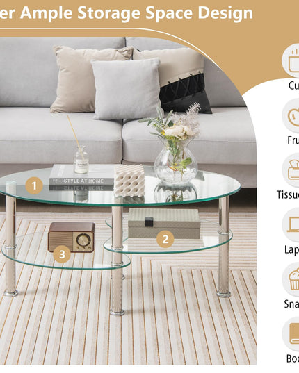 Giantex Oval Glass Coffee Table - 3-Tier Transparent Tempered Glass Center Table with Metal Stand, 35"× 20" ×18"