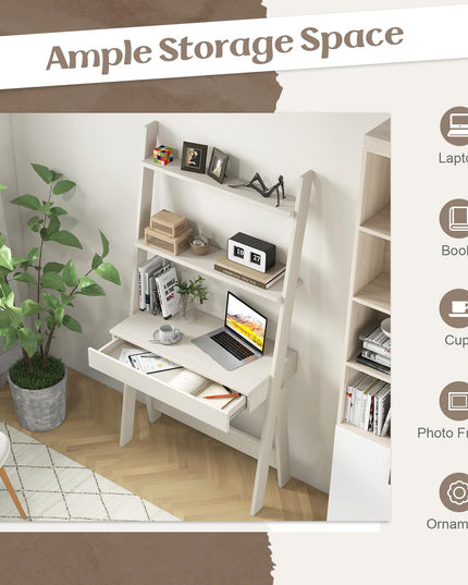 Giantex 3 Tier Ladder Desk with Drawer, 33’’ Width Ladder Shelf with Anti-tipping Device, Freestanding Bookshelf