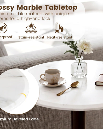 Giantex Round Marble Side Table w/Stone Finish & Wooden Pedestal (1/2)