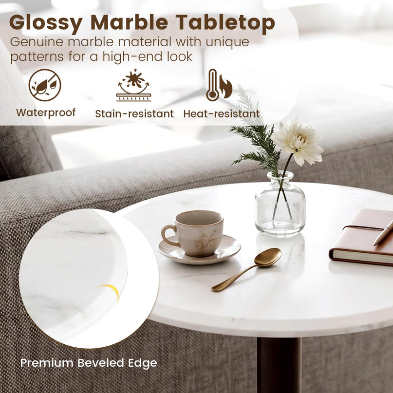 Giantex Round Marble Side Table w/Stone Finish & Wooden Pedestal (1/2)