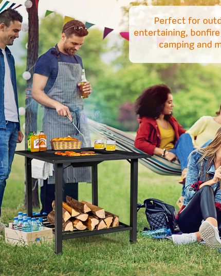 4-in-1 Wood Burning Fire Pit, Square Firepit Table with Mesh Cover