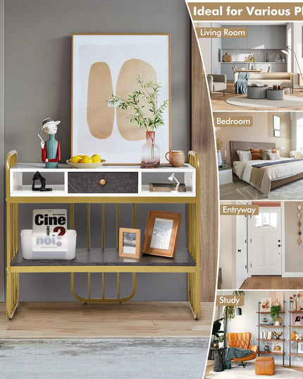 Giantex Console Table for Entryway, Sofa Table with Drawer, Storage Shelf, Metal Frame(Gold)