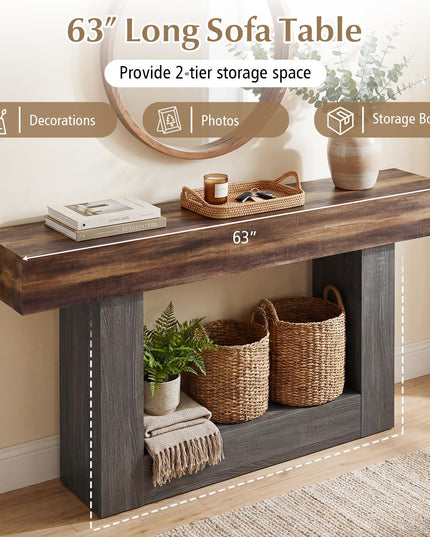 Giantex 63" Farmhouse Console Table with Storage Shelf - Rustic Brown