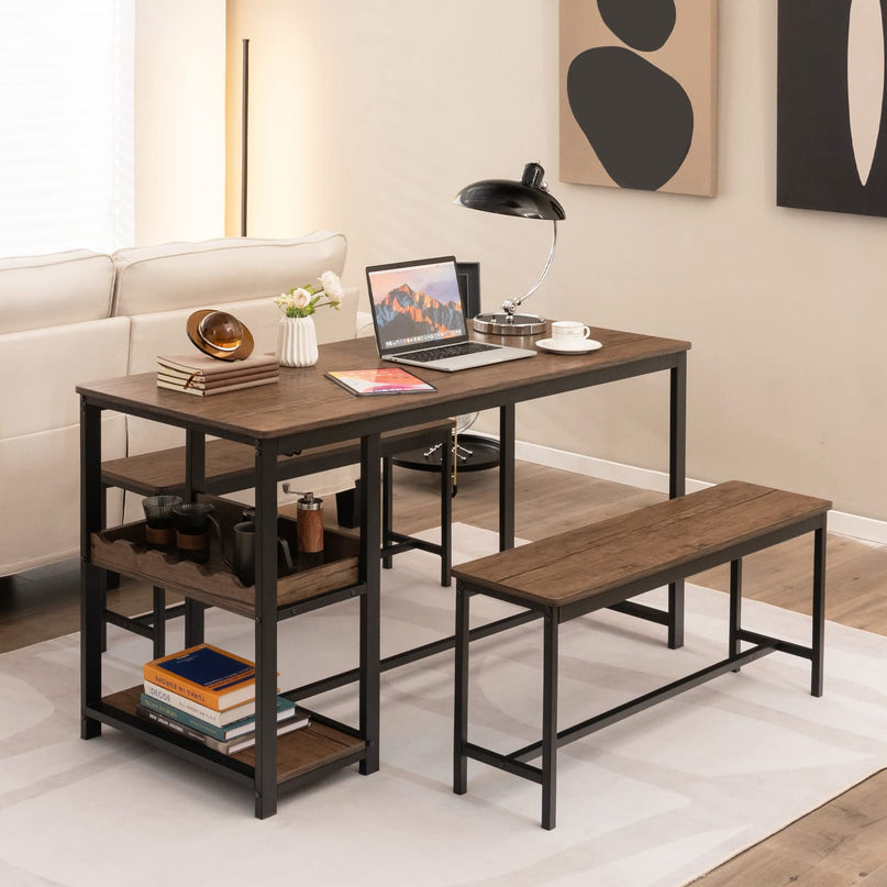 Giantex 3-Piece Dining Table Set for 4, Rustic Kitchen Dinner Table with 2 Benches
