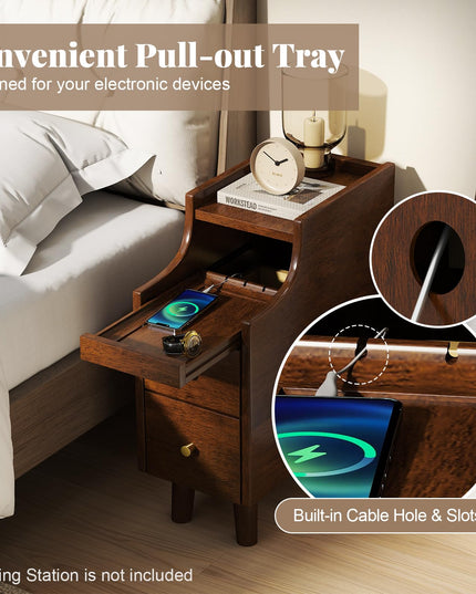 Giantex Narrow Nightstand with 2 Drawers & Pull-Out Tray for Small Spaces