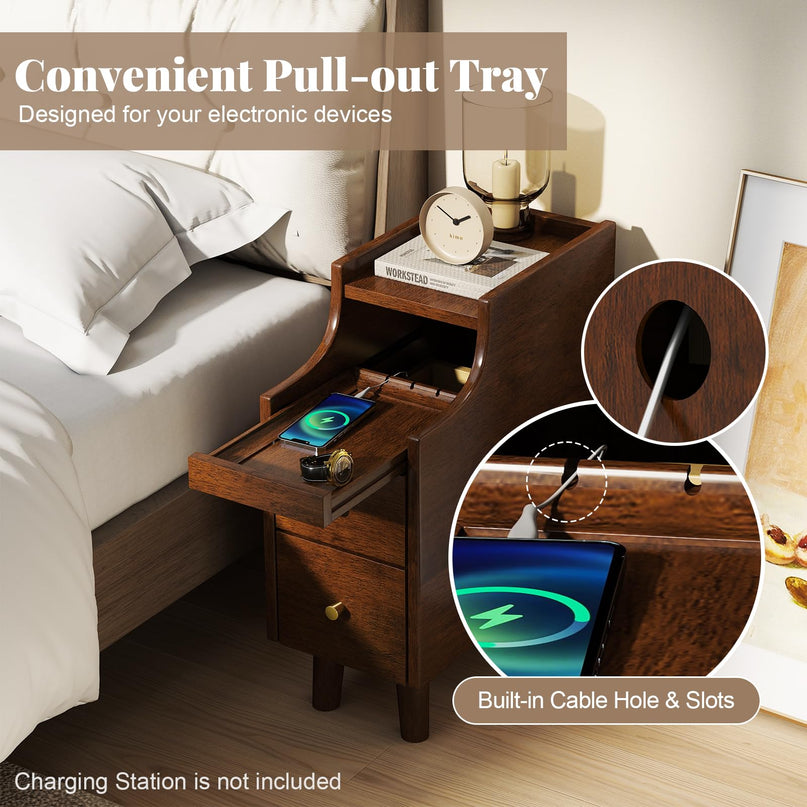 Giantex Narrow Nightstand with 2 Drawers & Pull-Out Tray for Small Spaces