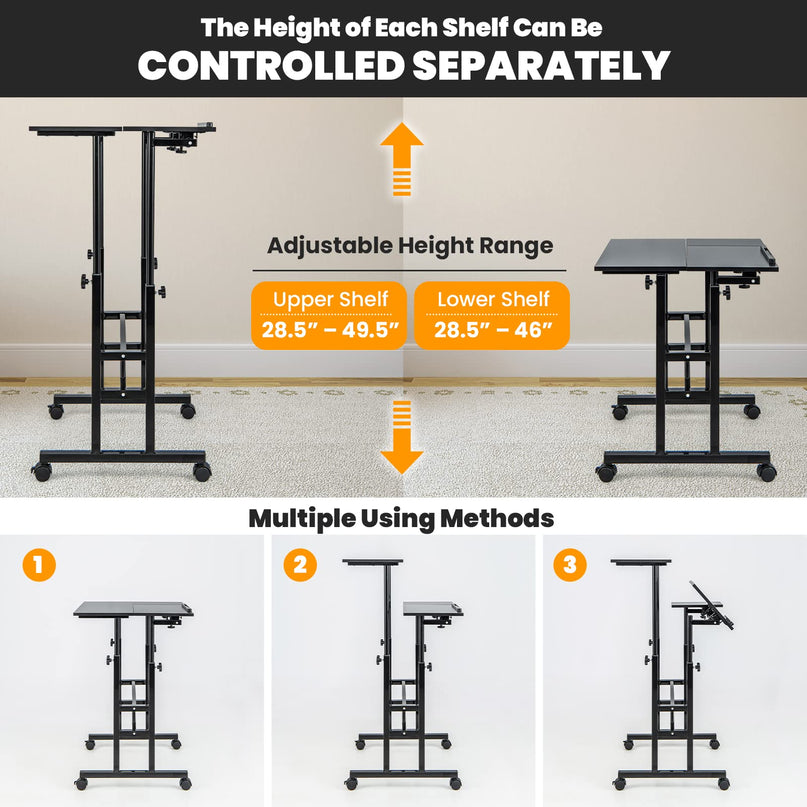 Giantex Mobile Stand up Desk Adjustable, Rolling Standing Laptop Cart, 27.5"D x 22"W x 49.5"H