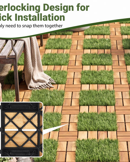 GIANTEX 30 PCS Interlocking Acacia Wood & Artificial Grass Deck Tiles
