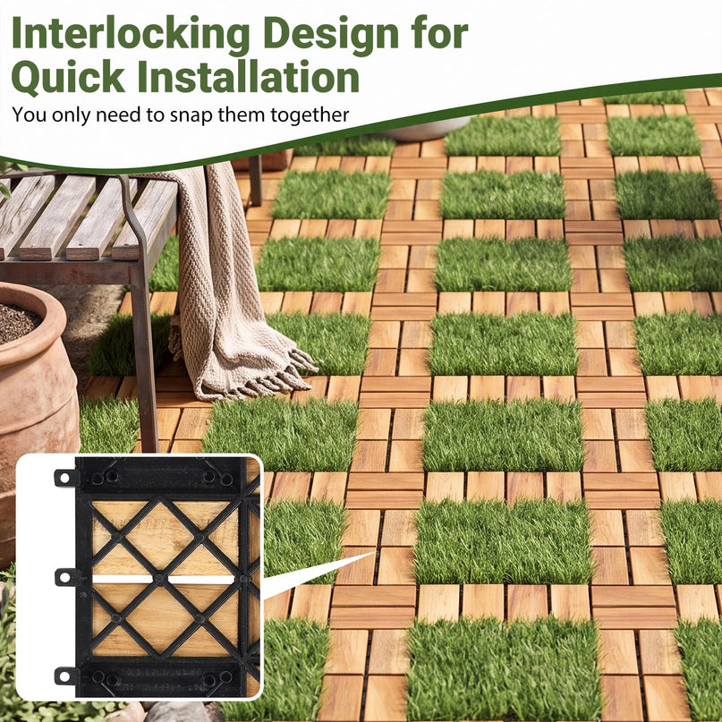 GIANTEX 30 PCS Interlocking Acacia Wood & Artificial Grass Deck Tiles