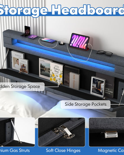 Giantex Bed Frame with Storage Headboard and 4 Drawers, Modern Upholstered Platform Bed with Charging Station