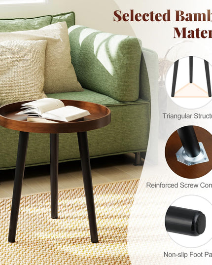 Giantex Round End Table with Wooden Tray & Bamboo Legs