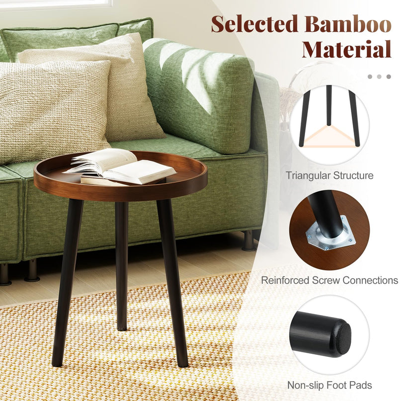 Giantex Round End Table with Wooden Tray & Bamboo Legs