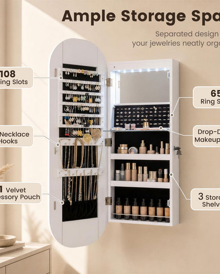 CHARMAID Wall Mount & Over the Door LED Full Length Mirror Jewelry Cabinet