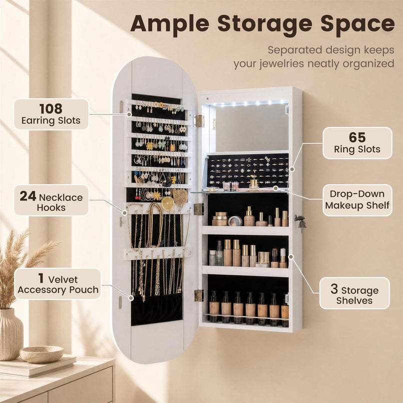 CHARMAID Wall Mount & Over the Door LED Full Length Mirror Jewelry Cabinet