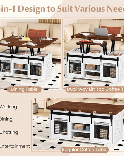 Table basse relevable de style rustique Giantex avec 2 portes coulissantes de grange et 3 compartiments de rangement cachés