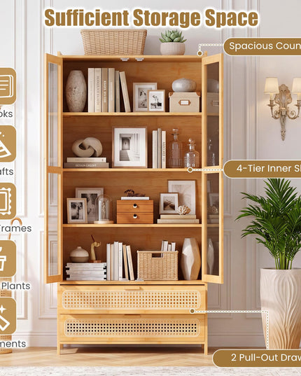 GIANTEX 54.5" Tall 6-Tier Freestanding Bamboo Bookshelf with 2 Acrylic Doors and 2 Drawers